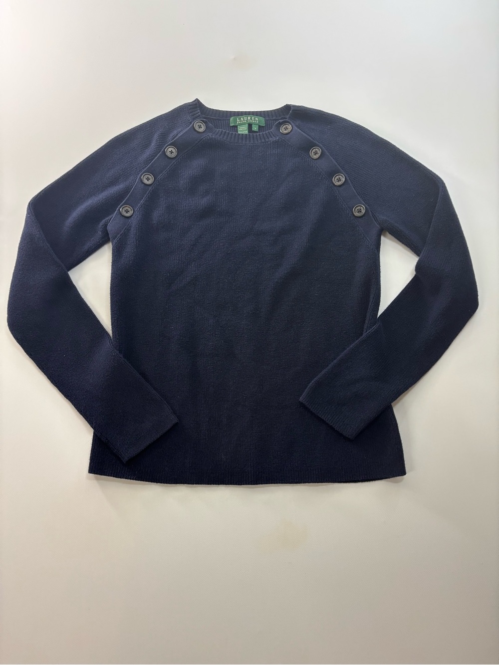 Lauren By Ralph Lauren Navy‎ Knit Sweater Button Shoulder Crewneck Size Medium
